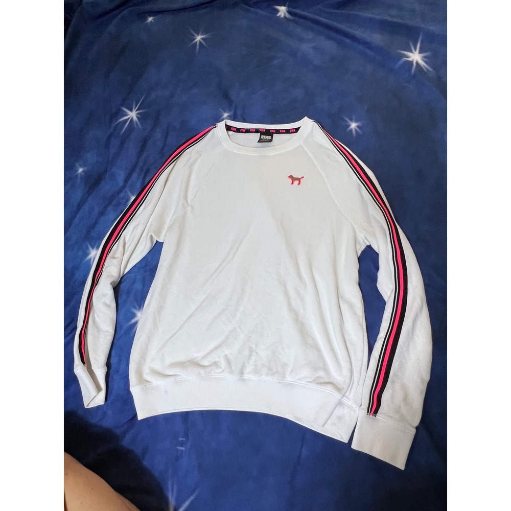 PINK Victoria's Secret White Crewneck Sweatshirt Neon Pink Stripe Dog Logo XS